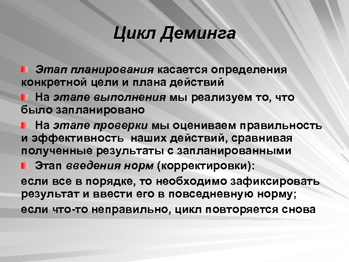 Цикл Деминга Этап планирования касается определения конкретной цели и плана действий На этапе выполнения