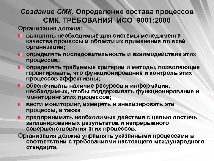 Создание СМК. Определение состава процессов СМК. ТРЕБОВАНИЯ ИСО 9001: 2000 Организация должна: выявлять необходимые