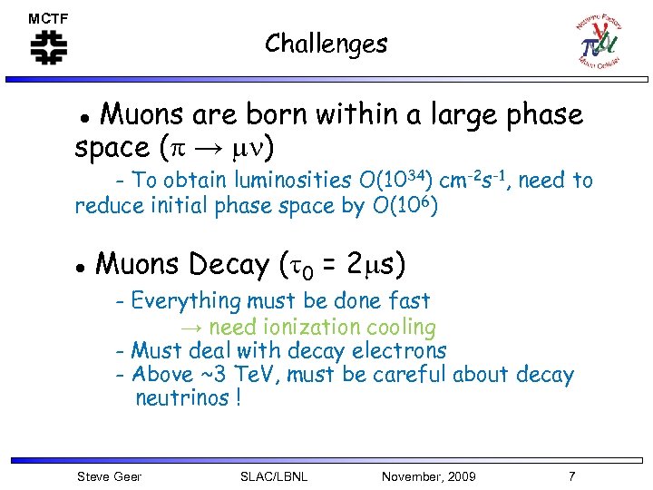 MCTF Challenges Muons are born within a large phase space (p → mn) ●