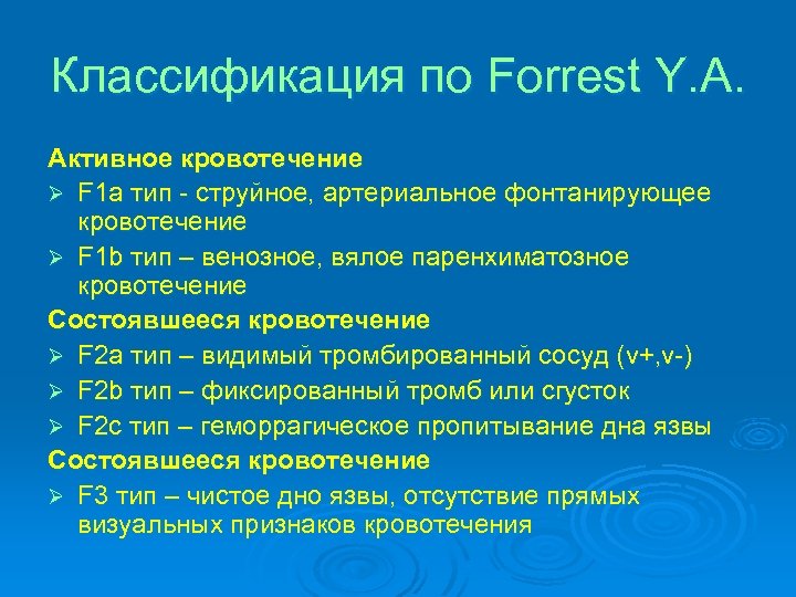 Классификация по Forrеst Y. A. Активное кровотечение Ø F 1 a тип - струйное,