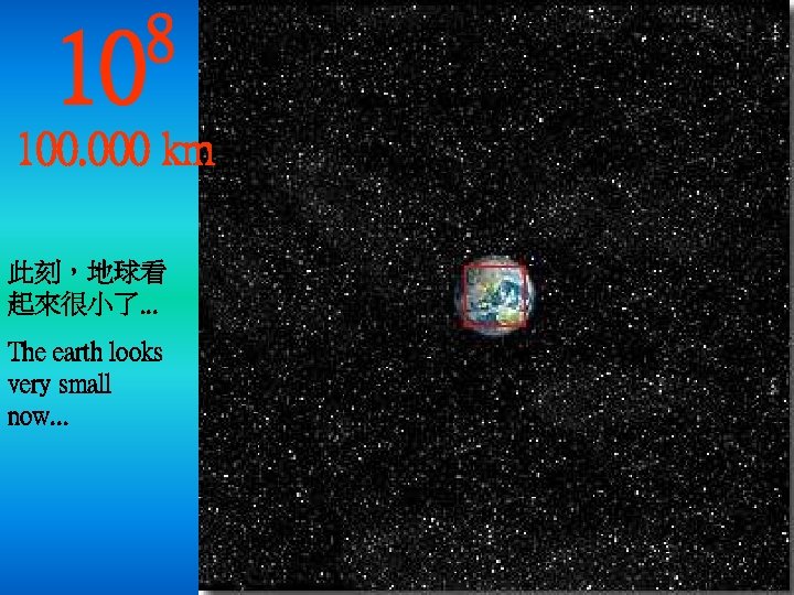 10 8 100. 000 km 此刻，地球看 起來很小了. . . The earth looks very small