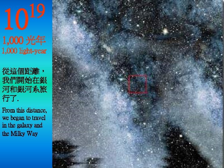 10 19 1, 000 光年 1, 000 light-year 從這個距離， 我們開始在銀 河和銀河系旅 行了. From this