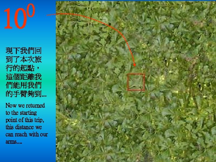 10 0 現下我們回 到了本次旅 行的起點， 這個距離我 們能用我們 的手臂夠到. . . Now we returned to