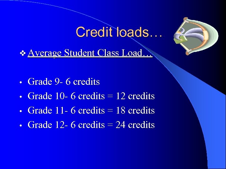 Credit loads… v Average Student Class Load… Grade 9 - 6 credits • Grade