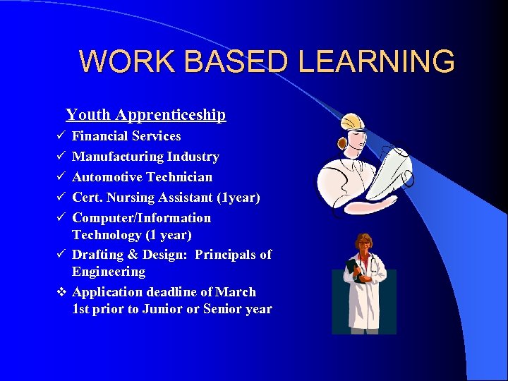 WORK BASED LEARNING Youth Apprenticeship ü Financial Services ü Manufacturing Industry ü Automotive Technician