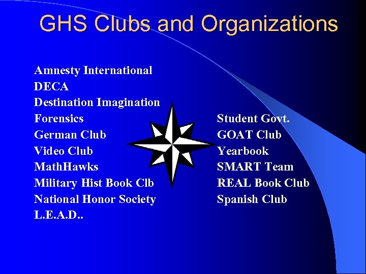 GHS Clubs and Organizations Amnesty International DECA Destination Imagination Forensics German Club Video Club