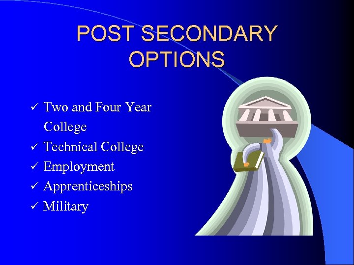 POST SECONDARY OPTIONS Two and Four Year College ü Technical College ü Employment ü