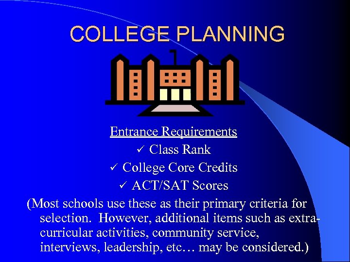 COLLEGE PLANNING Entrance Requirements ü Class Rank ü College Core Credits ü ACT/SAT Scores