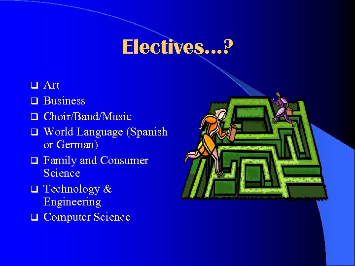 Electives…? q q q q Art Business Choir/Band/Music World Language (Spanish or German) Family