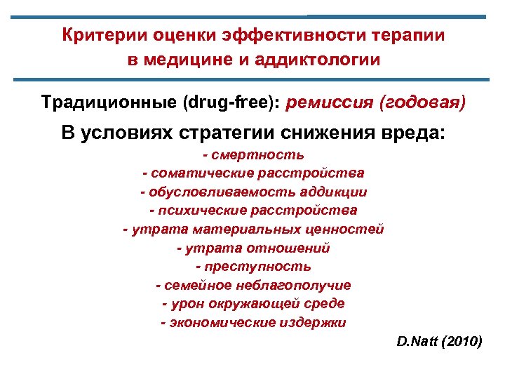 Критерии оценки эффективности терапии в медицине и аддиктологии Традиционные (drug-free): ремиссия (годовая) В условиях