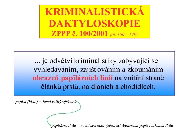 KRIMINALISTICKÁ DAKTYLOSKOPIE ZPPP č. 100/2001 (čl. 160 – 179). . . je odvětví kriminalistiky