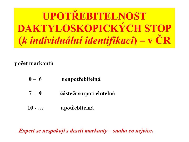 UPOTŘEBITELNOST DAKTYLOSKOPICKÝCH STOP (k individuální identifikaci) – v ČR počet markantů p 0– 6