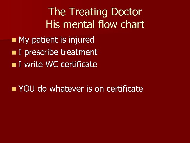The Treating Doctor His mental flow chart n My patient is injured n I