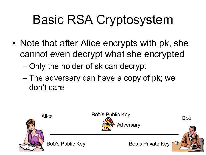 Basic RSA Cryptosystem • Note that after Alice encrypts with pk, she cannot even