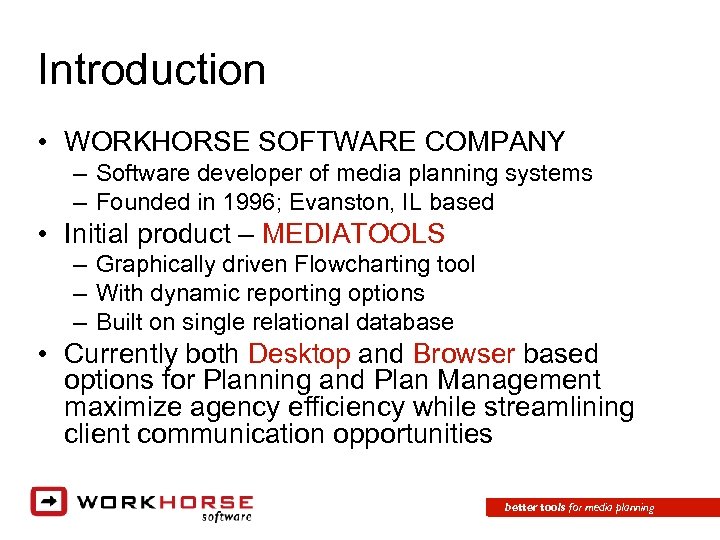 Introduction • WORKHORSE SOFTWARE COMPANY – Software developer of media planning systems – Founded