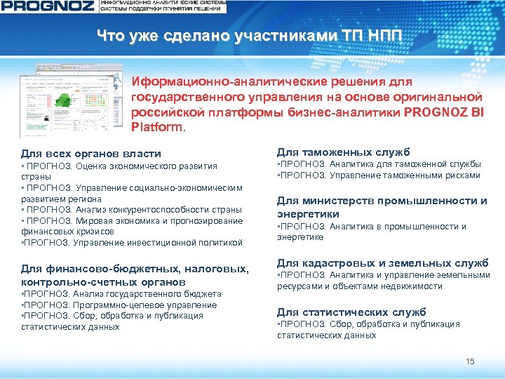 Что уже сделано участниками ТП НПП Иформационно-аналитические решения для государственного управления на основе оригинальной