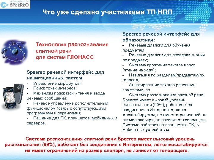 Что уже сделано участниками ТП НПП Технология распознавания слитной речи для систем ГЛОНАСС Speereo