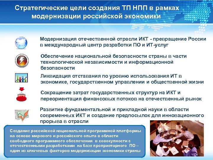 Стратегические цели создания ТП НПП в рамках модернизации российской экономики Модернизация отечественной отрасли ИКТ