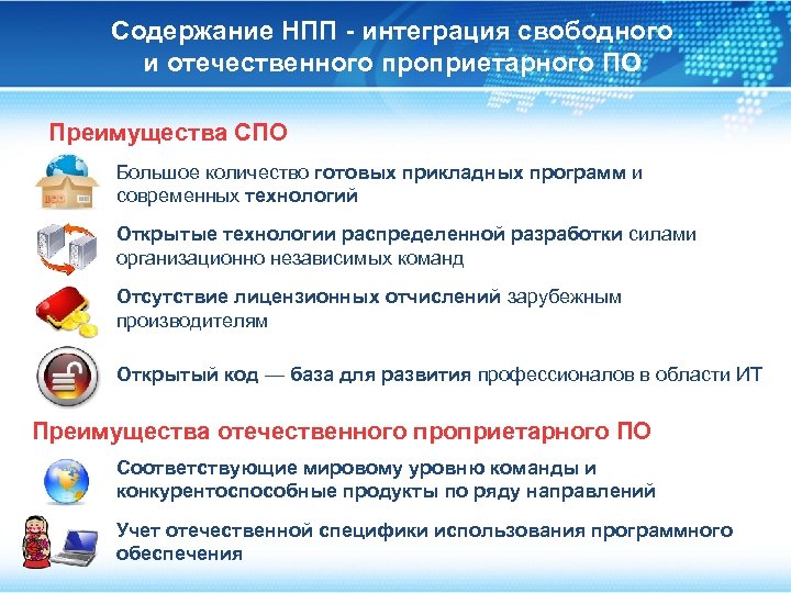 Содержание НПП - интеграция свободного и отечественного проприетарного ПО Преимущества СПО Большое количество готовых