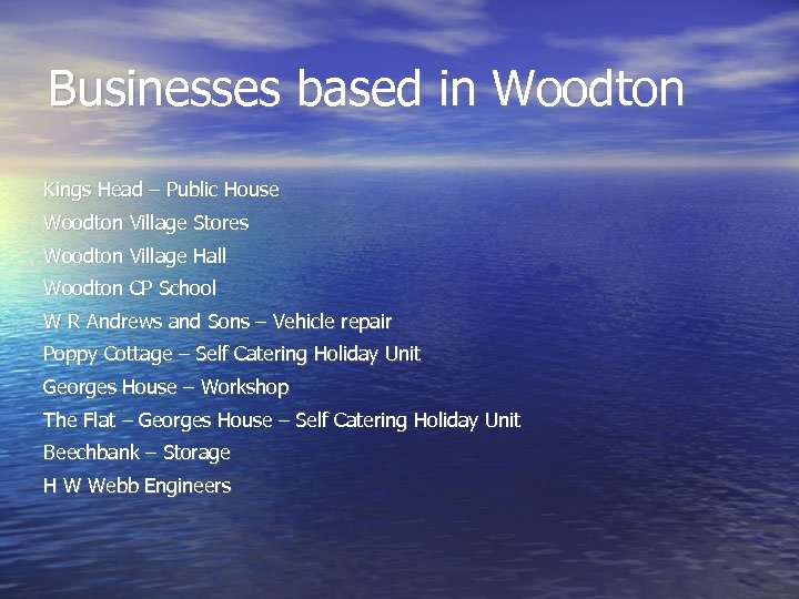 Businesses based in Woodton Kings Head – Public House Woodton Village Stores Woodton Village