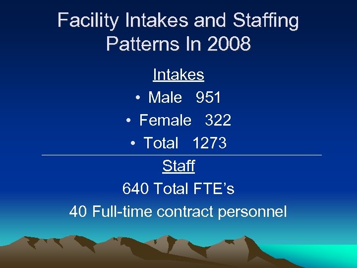 Facility Intakes and Staffing Patterns In 2008 Intakes • Male 951 • Female 322