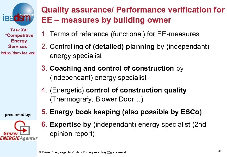 Quality assurance/ Performance verification for EE – measures by building owner Task XVI ”Competitive