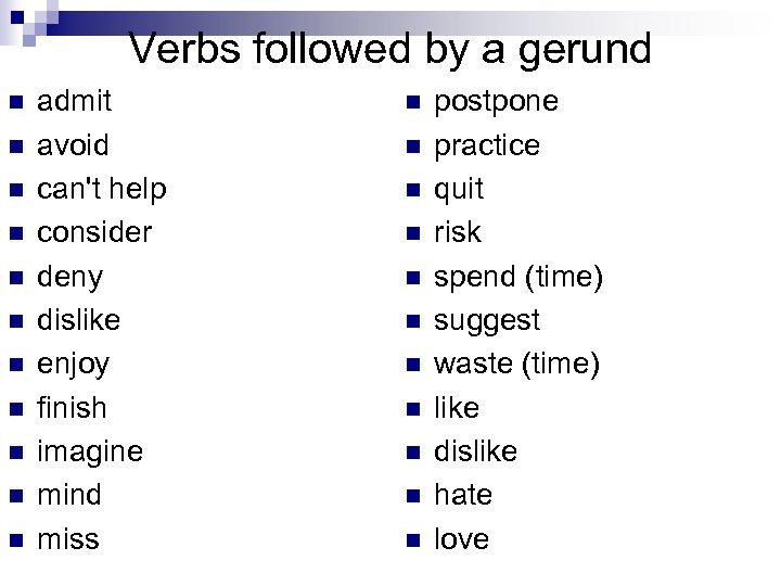 Verbs followed by a gerund n n n admit avoid can't help consider deny