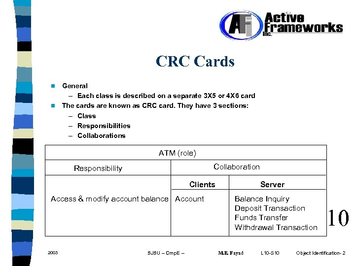 CRC Cards General – Each class is described on a separate 3 X 5