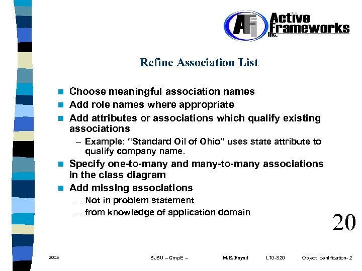 Refine Association List Choose meaningful association names n Add role names where appropriate n