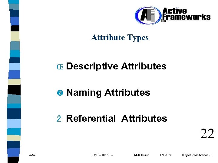 Attribute Types Œ Descriptive Attributes Naming Attributes Ž Referential Attributes 22 2003 SJSU –