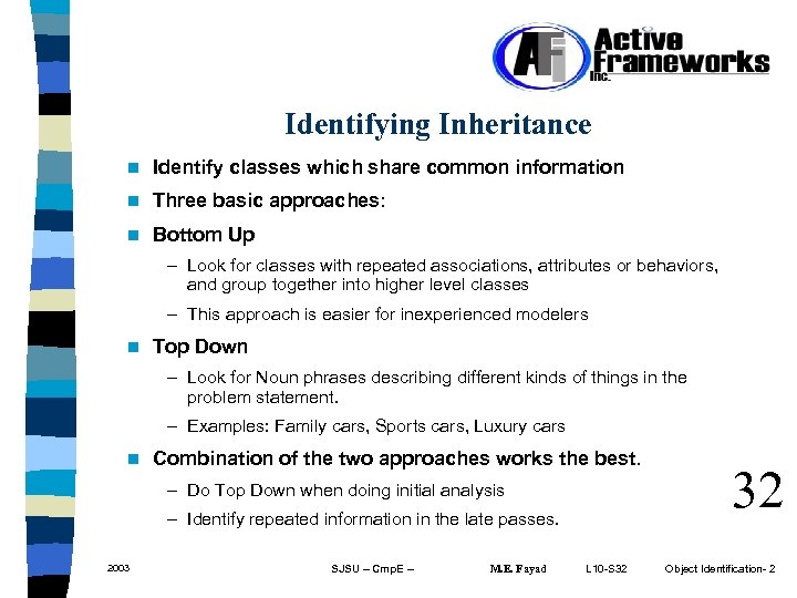 Identifying Inheritance n Identify classes which share common information n Three basic approaches: n