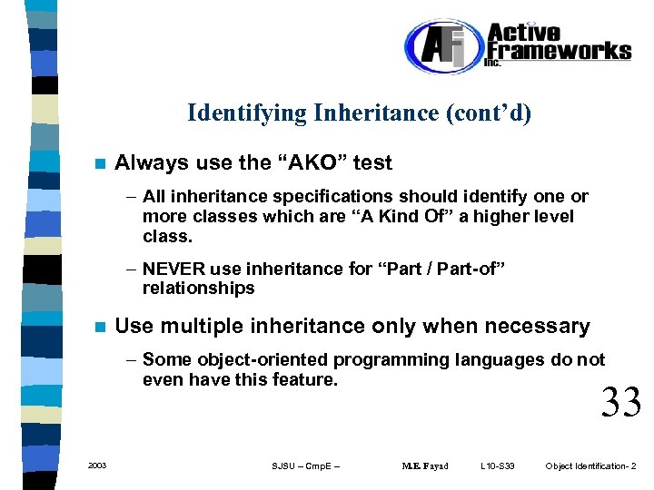 Identifying Inheritance (cont’d) n Always use the “AKO” test – All inheritance specifications should