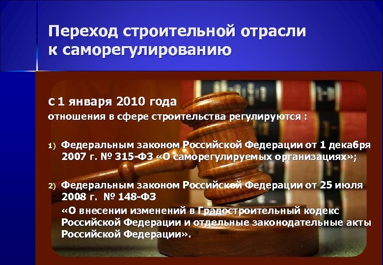 Переход строительной отрасли к саморегулированию С 1 января 2010 года отношения в сфере строительства