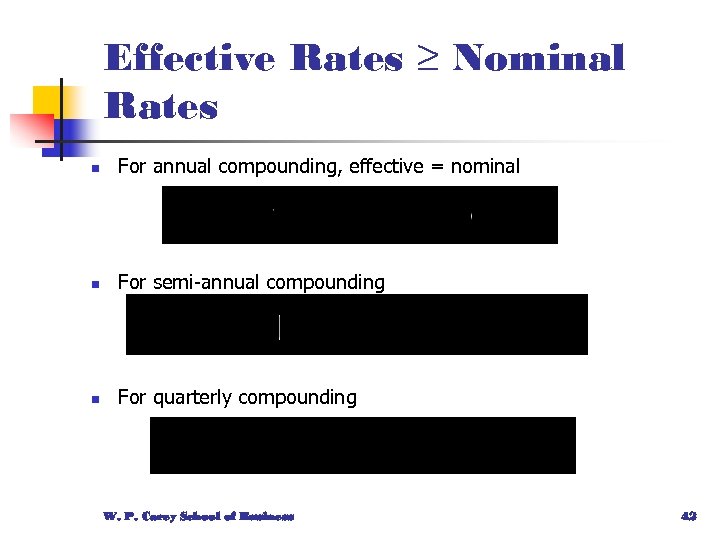 Effective Rates ≥ Nominal Rates n For annual compounding, effective = nominal n For