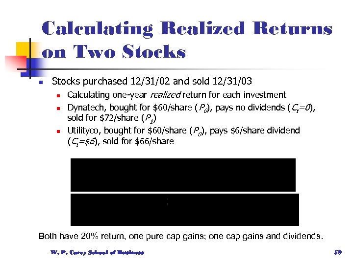 Calculating Realized Returns on Two Stocks n Stocks purchased 12/31/02 and sold 12/31/03 n