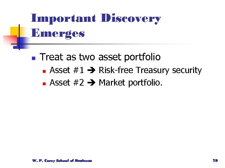 Important Discovery Emerges n Treat as two asset portfolio n n Asset #1 Risk-free