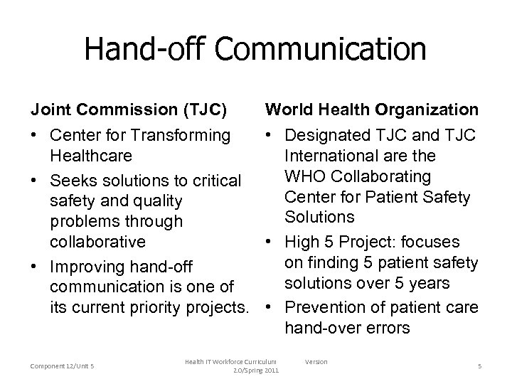Hand-off Communication Joint Commission (TJC) World Health Organization • Center for Transforming • Designated