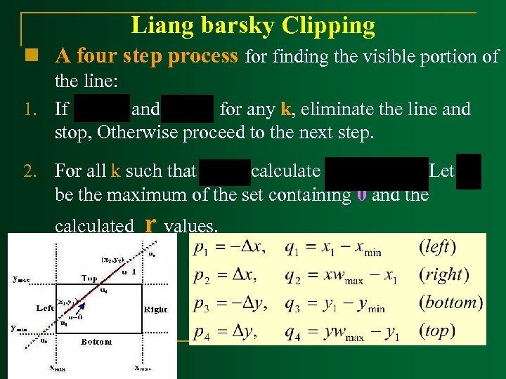 Liang barsky Clipping n A four step process for finding the visible portion of