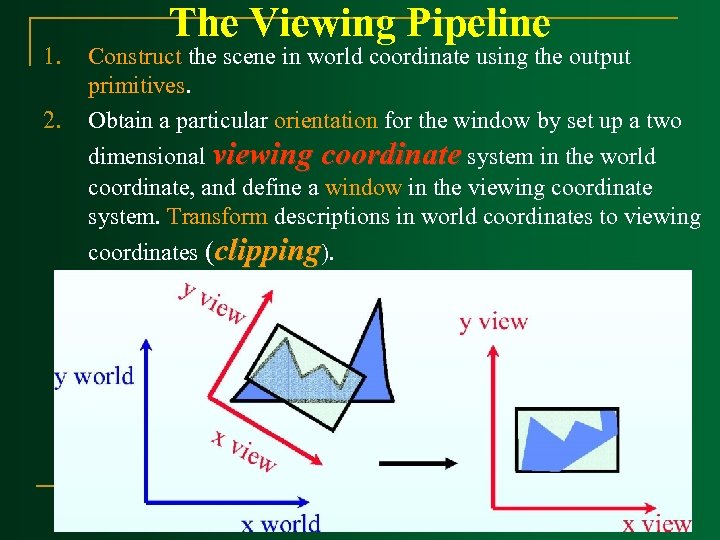 1. 2. The Viewing Pipeline Construct the scene in world coordinate using the output