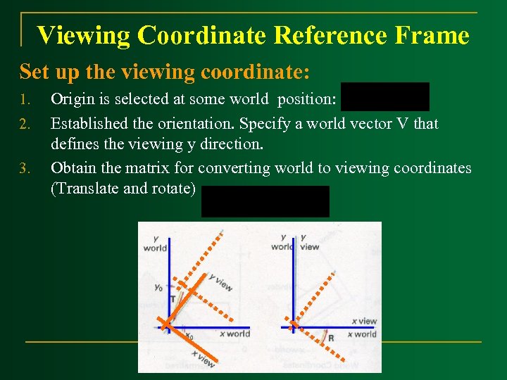 Viewing Coordinate Reference Frame Set up the viewing coordinate: 1. 2. 3. Origin is