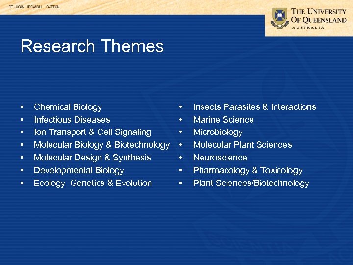 Research Themes • • Chemical Biology Infectious Diseases Ion Transport & Cell Signaling Molecular