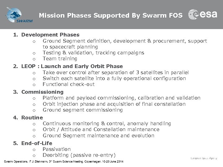 Mission Phases Supported By Swarm FOS 1. Development Phases o Ground Segment definition, development