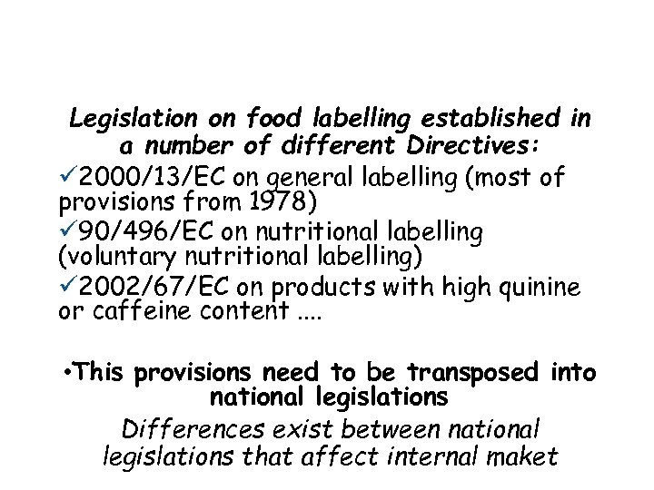 Legislation on food labelling established in a number of different Directives: ü 2000/13/EC on