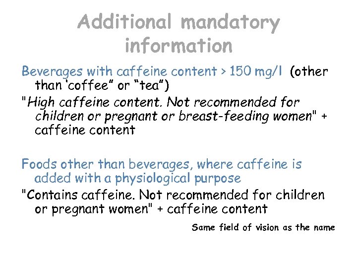 Additional mandatory information Beverages with caffeine content > 150 mg/l (other than ‘coffee” or