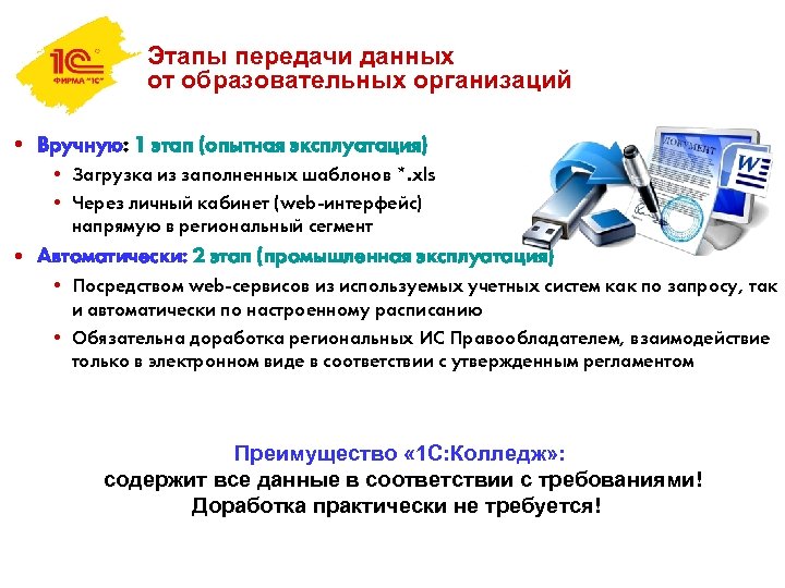 Этапы передачи данных от образовательных организаций • Вручную: 1 этап (опытная эксплуатация) • Загрузка