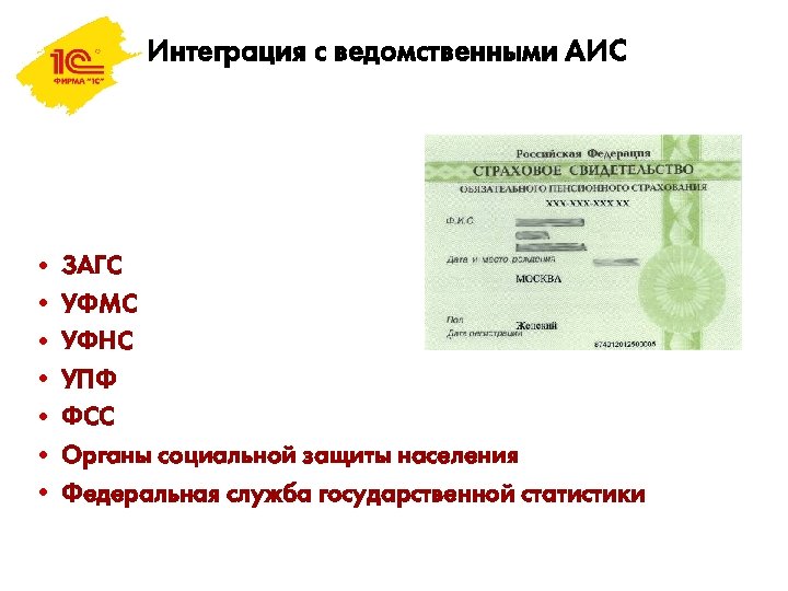 Интеграция с ведомственными АИС • ЗАГС • УФМС • УФНС • УПФ • ФСС