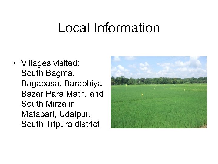 Local Information • Villages visited: South Bagma, Bagabasa, Barabhiya Bazar Para Math, and South