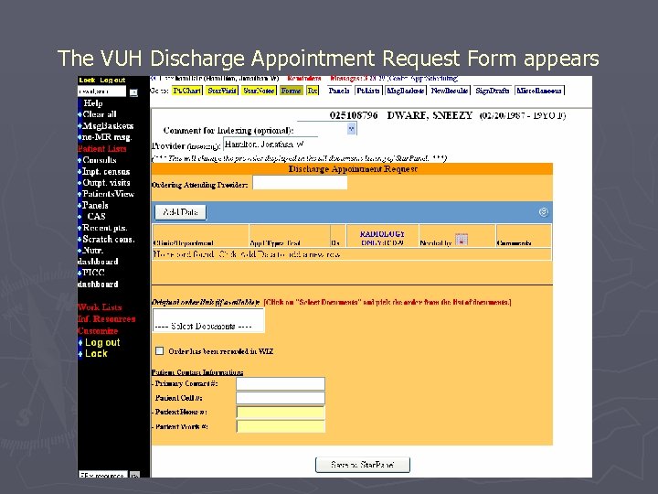 The VUH Discharge Appointment Request Form appears 