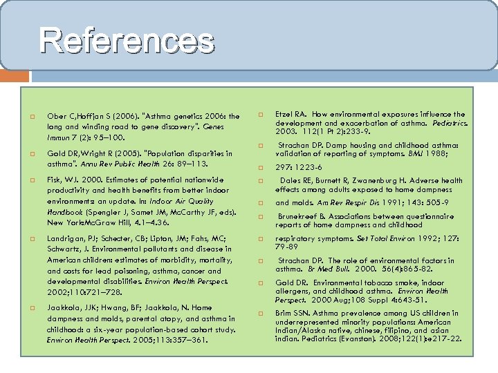 References Ober C, Hoffjan S (2006). "Asthma genetics 2006: the long and winding road