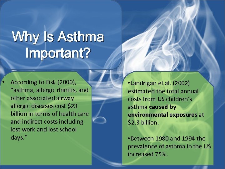 Why Is Asthma Important? • According to Fisk (2000), “asthma, allergic rhinitis, and other